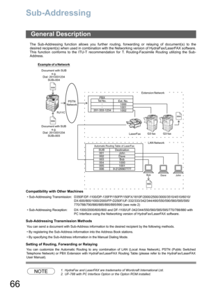 Page 6666
Sub-Addressing
The Sub-Addressing function allows you further routing, forwarding or relaying of document(s) to the
desired recipient(s) when used in combination with the Networking version of HydraFax/LaserFAX software.
This function conforms to the ITU-T recommendation for T. Routing-Facsimile Routing utilizing the Sub-
Address.
Compatibility with Other Machines
Sub-Addressing Transmission Methods
Setting of Routing, Forwarding or Relaying
NOTE1. HydraFax and LaserFAX are trademarks of Wordcraft...