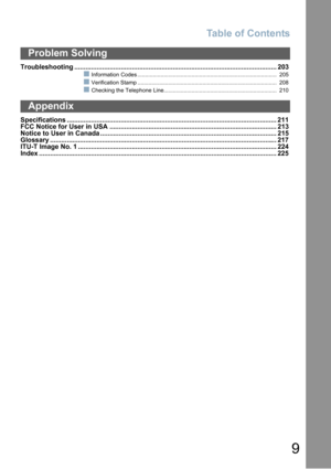 Page 9Table of Contents
9
Troubleshooting ............................................................................................................. 203
Information Codes .......................................................................................... 205
Verification Stamp .......................................................................................... 208
Checking the Telephone Line......................................................................... 210
Specifications...
