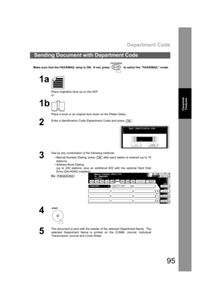Page 95Department Code
95
Facsimile
Features
Make sure that the FAX/EMAIL lamp is ON.  If not, press   to select the FAX/EMAIL mode.
Sending Document with Department Code
1a
Place original(s) face up on the ADF.
or
1b
Place a book or an original face down on the Platen Glass.
2
Enter a Identification Code (Department Code) and press  .
3
Dial by any combination of the following methods:
• Manual Number Dialing, press   after each station is entered (up to 70
stations) 
• Address Book Dialing
(up to 200...