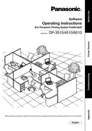 Page 1DP-3510/4510/6010 Operating Instructions
Software
Model No.
English
Before operating this software, please read these instructions completely and keep these operating instructions for future reference.
(For Panasonic Printing System PostScript3)
Before Use Troubleshooting
Printer Section
Troubleshooting
Appendix 