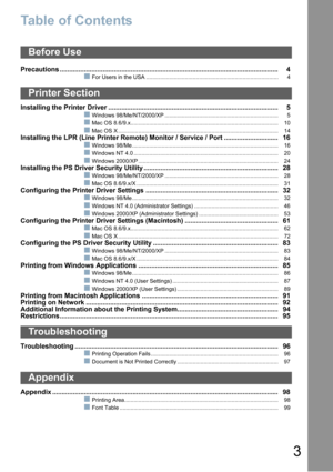 Page 33
Table of Contents
Precautions .....................................................................................................................4
For Users in the USA ..................................................................................... 4
Installing the Printer Driver ........................................................................................... 5
Windows 98/Me/NT/2000/XP ......................................................................... 5
Mac OS...