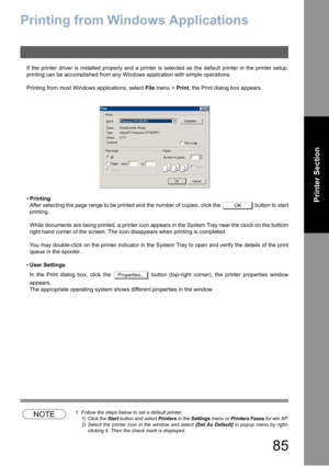 Page 8585
Printer Section
Printing from Windows Applications
If the printer driver is installed properly and a printer is selected as the default printer in the printer setup,
printing can be accomplished from any Windows application with simple operations.
Printing from most Windows applications, select File menu > Print, the Print dialog box appears.
Printing
After selecting the page range to be printed and the number of copies, click the   button to start
printing.
While documents are being printed, a...