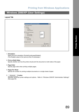 Page 89Printing from Windows Applications
89
Printer Section
Layout Tab
1.Orientation
Select the print orientation (Portrait/Landscape/Rotated).
(The Rotated output is the same as that of Landscape.)
2.Print on Both Sides
Specify whether and how the printer should print the document on both sides of the paper.
3.Page Order
Specify page order when printing multiple pages.
4.Pages Per Sheet
Specify the number for printing multiple documents on a single sheet of paper.
5. button
Specifies advanced printer settings...