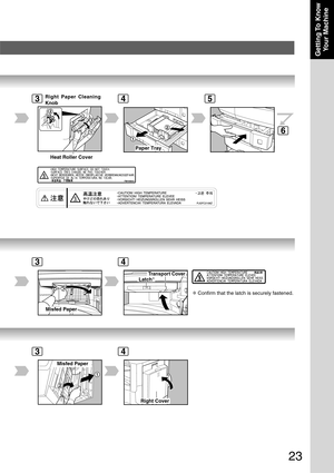 Page 23
23
Getting To  KnowYour Machine
Heat Roller Cover
1
3
2
1
2
Paper Tray
3
6
45
∗ Confirm that the latch is securely fastened.
Misfed Paper
Latch ∗
Transport Cover
Right Paper Cleaning
Knob
34
Misfed Paper
1
2
Right Cover
34 