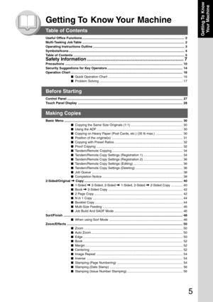 Page 5
5
Getting To  KnowYour Machine
Getting To  Know Your  Machine
Table of Contents
Useful Office Functions ........................................................................\
................................ .......... 2
Multi-Tasking Job Table ........................................................................\
................................ .......... 2
Operating Instructions Outline ........................................................................\
......................... ..... 3...
