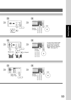 Page 53
53
Making Copies
Number
of Copies5 - 99 mm
or
or Keypad
34
or
Number
of Copies
or Keypad
Margin area 5 - 99 mm
If a part of the copied image
is missing when using the
Margin mode, change the
Margin Reduction setting to
“YES”
. (See page 74)
34
Number
of CopiesPaper Size
(Paper Tray)
34 
