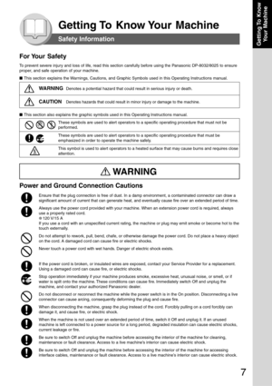 Page 7
7
Getting To  KnowYour Machine
For Your  Safety
To prevent severe injury and loss of life, read this section carefully before using the Panasonic DP-8032/8025 to ensure
proper, and safe operation of your machine.
■ This section explains the Warnings, Cautions, and Graphic Symbols used in this Operating Instructions manual.
WARNINGDenotes a potential hazard that could result in serious injury or death.\
CAUTIONDenotes hazards that could result in minor injury or damage to the machi\
ne.
■This section...