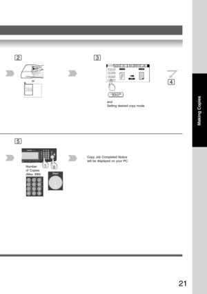 Page 21
21
Making Copies
23
4
5
or
Number
of Copies
(Max. 999)
and
Setting desired copy mode.
Copy Job Completed Notice
will be displayed on your PC. 