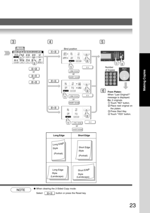 Page 23
23
Making Copies
3
or
or
Number
of Copies
From Platen:
When Last Original?
message is displayed.
Ex:  2 originals
Touch NO button.
Place next original on
the platen.
3Press Star t Key.
4Touch YES button.
Bind position
or
or
or
45
6
LongEdge
Style
Long Edge
Style
Short Edge
Style
ShortEdge
Style
Long Edge
Short Edge
(Portrait) (Portrait)
(Landscape) (Landscape)
NOTE●When clearing the 2-Sided Copy mode:
Select  
 button or press the Reset key. 