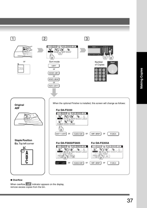 Page 37
37
Making Copies
or
orSort modeor
or
When the optional Finisher is installed, this screen will change as follows:
For DA-FS330
or
When overflow           indicator appears on the display,
remove excess copies from the bin. ●Overflow
Number
of Copies
oror
For DA-FS600/FS605
ororor
oF
For DA-FS355A
123
Staple Position
Ex.  Top left corner
Original
ADF 
