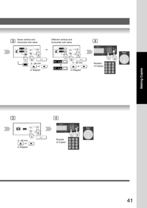 Page 41
41
Making Copies
3
or
Same vertical and
horizontal void value
5 - 99 mm
or
or Keypad Different vertical and
horizontal void value
5 - 99 mm
or
or Keypad
or
Number
of Copies
4
34
Number
of Copies
5 - 99 mm
or
or Keypad 