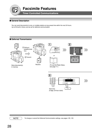Page 2828
Facsimile Features
■ General Description
Timer Controlled Communications
You can send document(s) to one, or multiple stations at any preset tim\
e within the next 24 hours.
Up to 50 built-in timers can be set for deferred communication.
■  Deferred Transmission
Receive
Store document(s)
in memory
1
(To use the Platen Glass,
see page 17.)
or
2
5
Start time
(4-digit, 24-hour clock)
2T ransmit
1Calling at
predetermined
time
NOTETo  change or cancel the Deferred Communication settings, see pages 120, 12\...