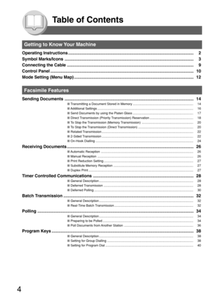 Page 44
Table of Contents
Getting to Know Your Machine
Operating Instructions ..........................................................................................................2
Symbol Marks/Icons .............................................................................................................3
Connecting the Cable ...........................................................................................................9
Control Panel...