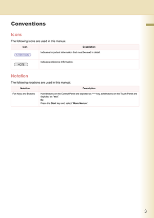 Page 33
     
Conventions
Icons
The following icons are used in this manual.
Notation
The following notations are used in this manual.
IconDescription
Indicates important information that must be read in detail. 
Indicates reference Information.
NotationDescription
For Keys and Buttons Hard buttons on the Control Panel are depicted as **** key, soft buttons on the Touch Panel are 
depicted as “xxx”.
Ex:
Press the Start key and select “More Menus”. 