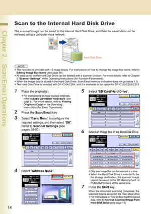 Page 1414
 Chapter 2    Scan/Email Operations
Scan to the Inter nal Hard Disk Drive
The scanned image can be saved to the Internal Hard Disk Drive, and then the saved data can be 
retrieved using a computer via a network.
zThe hard disk is provided with 12 image boxes. For instructions on how to change the image box name, refer to 
Editing Image Box Name (see page 56).
zAll data saved on the Hard Disk Drive can be deleted with a scanner function. For more details, refer to Chapter 
5 “Scanner Settings” in the...