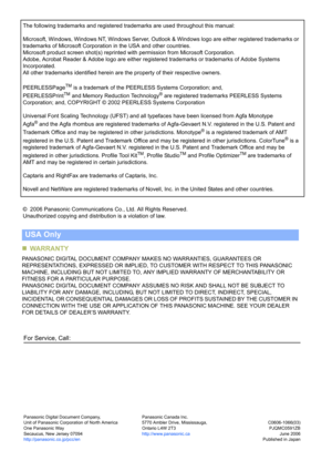 Page 60For Service, Call:
The following trademarks and registered trademarks are used throughout this manual:
Microsoft, Windows, Windows NT, Windows Server, Outlook & Windows logo are either registered trademarks or 
trademarks of Microsoft Corporation in the USA and other countries.
Microsoft product screen shot(s) reprinted with permission from Microsoft Corporation.
Adobe, Acrobat Reader & Adobe logo are either registered trademarks or trademarks of Adobe Systems 
Incorporated.
All other trademarks...