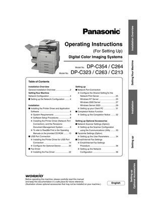 Page 1English
Installation Overview
General Installation Overview ........................ 2
Setting Your  Machine
Network Configuration ................................... 4
■Setting up the Network Configuration ........ 4
Installation
■Installing the Printer Driver and Application
Software.................................................... 8
●System Requirements........................... 8
●Software Setup Procedures ................... 8
●Installing the Printer Driver (Network Port
Connection), and the...