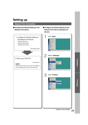 Page 25Setting up
25
1Click Start.
2Select Settings.
3Click Printers.
Network Port Connection
2. Set up your Client PC.
NOTE
Setting up
■ ■■ ■
■Configure the Shared Setting for the
Network Print Server■ ■■ ■
■Configure the Shared Setting for the
Network Print Server (Windows NT
Server)
1. Configure the Shared Setting for
the Network Print Server.



(See pages 25-30)
(See page 31)
Add the Printer Driver if your client OS is different
from the Network Print Server. (See page 30)
Continue on the next Page......