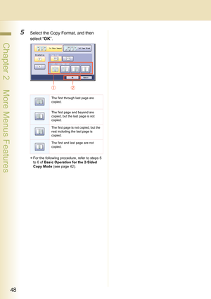 Page 4848
 Chapter 2    More Menus Features
5Select the Copy Format, and then 
select “OK”.
zFor the following procedure, refer to steps 5 
to 6 of Basic Operation for the 2-Sided 
Copy Mode (see page 42). 
The first through last page are 
copied.
The first page and beyond are 
copied, but the last page is not 
copied.
The first page is not copied, but the 
rest including the last page is 
copied.
The first and last page are not 
copied. 