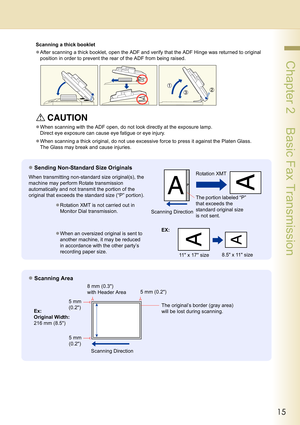 Page 1515
 Chapter 2    Basic Fax Transmission
Scanning a thick booklet
zAfter scanning a thick booklet, open the ADF and verify that the ADF Hinge was returned to original 
position in order to prevent the rear of the ADF from being raised.
zWhen scanning with the ADF open, do not look directly at the exposure lamp.
Direct eye exposure can cause eye fatigue or eye injury.
zWhen scanning a thick original, do not use excessive force to press it against the Platen Glass.
The Glass may break and cause injuries....