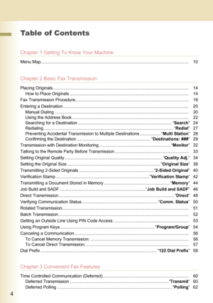 Page 44
     
Table of Contents
Chapter 1 Getting To Know Your Machine
Menu Map............................................................................................................................ 10
Chapter 2 Basic Fax Transmission
Placing Originals.................................................................................................................. 14
How to Place Originals .................................................................................................... 14
Fax...