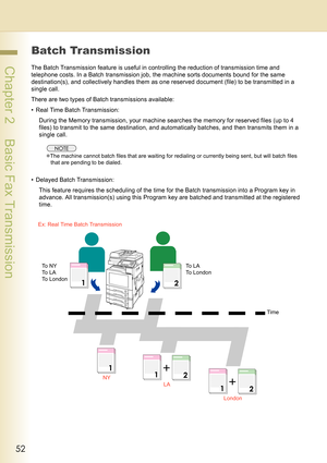 Page 5252
 Chapter 2    Basic Fax Transmission
Batch Transmission
The Batch Transmission feature is useful in controlling the reduction of transmission time and 
telephone costs. In a Batch transmission job, the machine sorts documents bound for the same 
destination(s), and collectively handles them as one reserved document (file) to be transmitted in a 
single call.
There are two types of Batch transmissions available:
• Real Time Batch Transmission:
During the Memory transmission, your machine searches the...