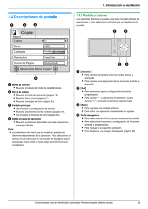 Page 91. Introducción e instalación
9Comuníquese con un distribuidor autorizado Panasonic para obtener ayuda.
1.4 Descripciones de pantalla
AModo de función
LMuestra el estado del modo de características.
BBarra de estado
LMuestra el modo de operación (página 19).
LMuestra fecha y hora (página 21).
LMuestra mensajes de error (página 83).
CPantalla principal
LSe mostrará la configuración de función.
LMuestra documentos de fax recibidos (página 49).
LSe mostrará el mensaje de error (página 83).
DBotón de guía de...