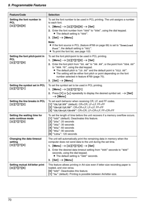 Page 709. Programmable Features
70
Setting the font number in 
PCL
{#}{7}{ 6}{ 9} To set the font number to be used in PCL printing. The unit assigns a number 
to each font.
1.
{Menu } i  {#}{ 7}{ 6}{ 9} i  {Set }
2. Enter the font number from  “000” to “054”, using the dial keypad.
L The default setting is  “000”.
3. {Set } i  {Menu }
Note: L If the font source in PCL (feature #768 on page 69) is set to  “Download 
Font ”, the default setting is  “001 ”.
L To print the font list, see page 103.
Setting the font...