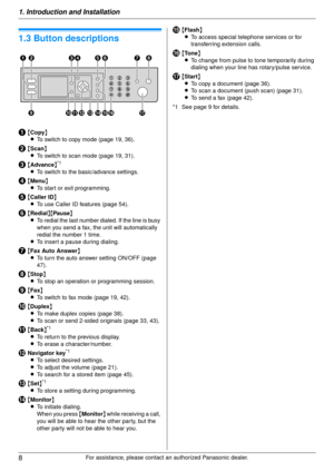 Page 81. Introduction and Installation
8
For assistance, please contact an authorized Panasonic dealer.
Finding the Controls
1.3 Button descriptions
A{Copy }
L To switch to copy mode (page 19, 36).
B{Scan }
L To switch to scan mode (page 19, 31).
C{Advance }*1
LTo switch to the basic/advance settings.
D{Menu }
L To start or exit programming.
E{Caller ID}
L To use Caller ID features (page 54).
F{Redial }{Pause }
L To redial the last number dialed. If the line is busy 
when you send a fax, the unit will...