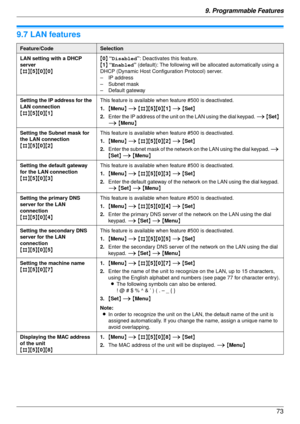 Page 739. Programmable Features73
9.7 LAN features
Feature/CodeSelection
LAN setting with a DHCP 
server
{#}{ 5}{ 0}{ 0} {
0 } “Disabled ”: Deactivates this feature.
{ 1 } “Enabled ” (default): The following will be  allocated automatically using a 
DHCP (Dynamic Host Configuration Protocol) server.
– IP address
– Subnet mask
– Default gateway
Setting the IP address for the 
LAN connection
{#}{ 5}{ 0}{ 1} This feature is available when feature #500 is deactivated.
1.
{Menu } i  {#}{ 5}{ 0}{ 1} i  {Set }
2....