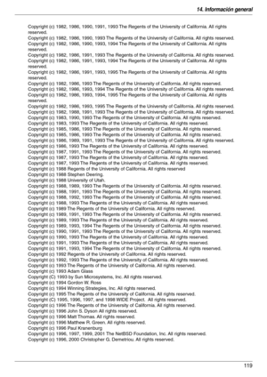 Page 11914. Información general
119
Copyright (c) 1982, 1986, 1990, 1991, 1993 The Regents of the University of California. All rights 
reserved.
Copyright (c) 1982, 1986, 1990, 1993 The Regents of the University of California. All rights reserved.
Copyright (c) 1982, 1986, 1990, 1993, 1994 The Regents of the University of California. All rights 
reserved.
Copyright (c) 1982, 1986, 1991, 1993 The Regents of the University of California. All rights reserved.
Copyright (c) 1982, 1986, 1991, 1993, 1994 The Regents...