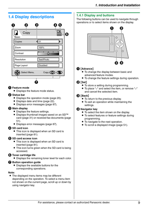 Page 91. Introduction and Installation
9
For assistance, please contact an authorized Panasonic dealer.
1.4 Display descriptions
AFeature mode
LDisplays the feature mode status.
BStatus bar
LDisplays the operation mode (page 20).
LDisplays date and time (page 22).
LDisplays error messages (page 87).
CMain display
LDisplays the feature settings.
LDisplays thumbnail images saved on an SD™ 
card (page 31) or received fax documents (page 
51).
LDisplays error messages (page 87).
DSD card icon
LThis icon is...