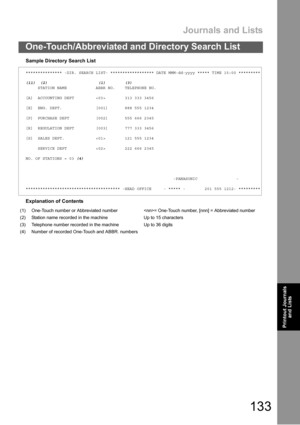 Page 133Journals and Lists
133
One-Touch/Abbreviated and Directory Search List
Printout Journals
and Lists
Sample Directory Search List
Explanation of Contents
*************** -DIR. SEARCH LIST- ****************** DATE MMM-dd-yyyy ***** TIME 15:00 *********
(11) (2) (1) (3)
STATION NAME ABBR NO. TELEPHONE NO.
[A] ACCOUNTING DEPT  313 333 3456
[E] ENG. DEPT. [001] 888 555 1234
[P] PURCHASE DEPT [002] 555 666 2345
[R] REGULATION DEPT [003] 777 333 3456
[S] SALES DEPT.  121 555 1234
SERVICE DEPT  222 666 2345
NO....