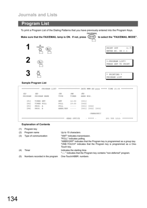 Page 134Journals and Lists
134
To print a Program List of the Dialing Patterns that you have previously entered into the Program Keys.
Make sure that the FAX/EMAIL lamp is ON.  If not, press   to select the FAX/EMAIL MODE.
Sample Program List
Explanation of Contents
Program List
1
 
PRINT OUT (1-7)
ENTER NO. OR
∨∧
23:PROGRAM LIST?
PRESS SET TO PRINT
3* PRINTING *
PROGRAM LIST
*************** -PROGRAM LIST- ****************** DATE MMM-dd-yyyy ***** TIME 15:00 **********
(1) (2) (3) (4) (5)
PROGRAM PROGRAM NAME...