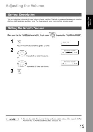 Page 1515
Installing Your 
Machine
Adjusting the Volume
You can adjust the monitor and ringer volume on your machine. The built-in speaker enables you to hear the
dial tone, dialing signals, and busy tone. The ringer sounds when your machine receives a call.
Make sure that the FAX/EMAIL lamp is ON.  If not, press   to select the FAX/EMAIL MODE.
NOTE1. You can also adjust the volume of the key touch tone and the volume of the buzzer in the Fax
Parameter No. 10 (KEY/BUZZER VOLUME).  (See page 29)
General...