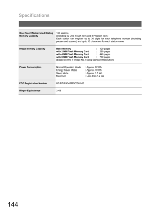 Page 144Specifications
144
One-Touch/Abbreviated Dialing 
Memory Capacity160 stations 
(including 52 One-Touch keys and 8 Program keys)
Each station can register up to 36 digits for each telephone number (including
pauses and spaces) and up to 15 characters for each station name
Image Memory Capacity Base Memory: 120 pages
with 2 MB Flash Memory Card: 280 pages
with 4 MB Flash Memory Card: 440 pages
with 8 MB Flash Memory Card: 760 pages
(Based on ITU-T Image No.1 using Standard Resolution)
Power...