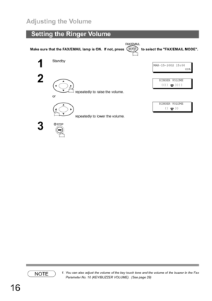 Page 16Adjusting the Volume
16
Make sure that the FAX/EMAIL lamp is ON.  If not, press   to select the FAX/EMAIL MODE.
NOTE1. You can also adjust the volume of the key touch tone and the volume of the buzzer in the Fax
Parameter No. 10 (KEY/BUZZER VOLUME).  (See page 29)
Setting the Ringer Volume
1
Standby
MAR-15-2002 15:00
00%
2
 repeatedly to raise the volume.
or
 repeatedly to lower the volume.
RINGER VOLUME
((((
 ))))
RINGER VOLUME
((
 ))
3 