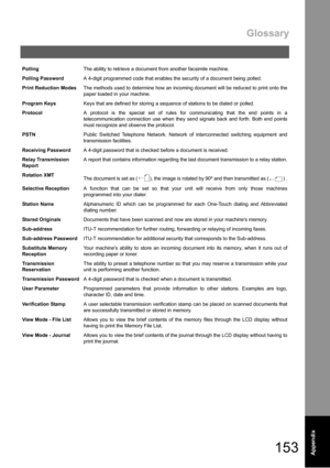 Page 153Glossary
153Appendix
PollingThe ability to retrieve a document from another facsimile machine.
Polling PasswordA 4-digit programmed code that enables the security of a document being polled.
Print Reduction ModesThe methods used to determine how an incoming document will be reduced to print onto the
paper loaded in your machine.
Program KeysKeys that are defined for storing a sequence of stations to be dialed or polled.
ProtocolA protocol is the special set of rules for communicating that the end points...