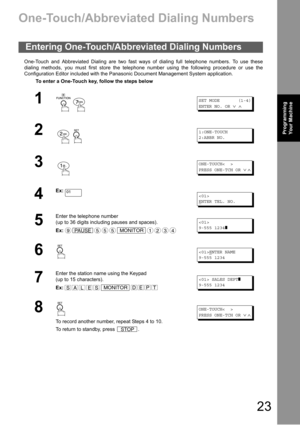 Page 2323
Programming 
Your Machine
Programming Your Machine
One-Touch/Abbreviated Dialing Numbers
One-Touch and Abbreviated Dialing are two fast ways of dialing full telephone numbers. To use these
dialing methods, you must first store the telephone number using the following procedure or use the
Configuration Editor included with the Panasonic Document Management System application.
Entering One-Touch/Abbreviated Dialing Numbers
To enter a One-Touch key, follow the steps below
1
 
SET MODE (1-4)
ENTER NO. OR...
