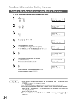 Page 24One-Touch/Abbreviated Dialing Numbers
24
Entering One-Touch/Abbreviated Dialing Numbers
NOTE1. If you require a special access number to get an outside line, enter it first and then press
. A hyphen - is displayed for pause.
2. Use   to enter a space between the numbers to make it easier to read.
3. If you are using Pulse dialing and you wish to change to Tone dialing in the middle of dialing,
press   (represented by a/). The dialing method will be changed from Pulse to Tone
after dialing the digit /....
