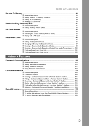 Page 5Table of Contents
5
Receive To Memory........................................................................................................ 88
General Description........................................................................................ 88
Setting the RCV To Memory Password.......................................................... 88
Setting RCV To Memory ................................................................................ 89
Printing Out Documents...