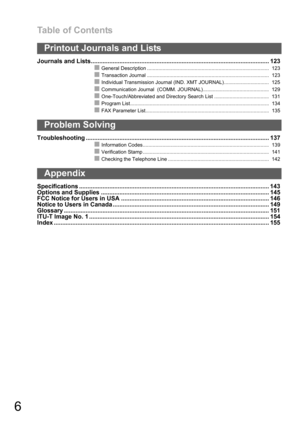 Page 6Table of Contents
6
Journals and Lists.......................................................................................................... 123
General Description ....................................................................................... 123
Transaction Journal ....................................................................................... 123
Individual Transmission Journal (IND. XMT JOURNAL) ................................ 125
Communication Journal  (COMM. JOURNAL)...