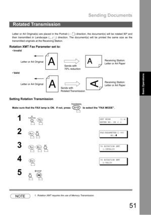 Page 51Sending Documents
51
Basic Operations
Letter or A4 Original(s) are placed in the Portrait ( ) direction, the document(s) will be rotated 90º and
then transmitted in Landscape ( ) direction. The document(s) will be printed the same size as the
transmitted originals at the Receiving Station.
Rotation XMT Fax Parameter set to:
Invalid
Valid
Setting Rotation Transmission
Make sure that the FAX lamp is ON.  If not, press   to select the FAX MODE.
NOTE1. Rotation XMT requires the use of Memory Transmission....