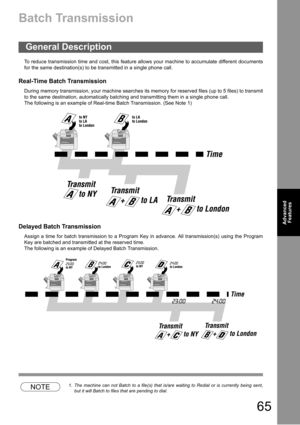 Page 6565
Advanced 
Features
Advanced Features
Batch Transmission
To reduce transmission time and cost, this feature allows your machine to accumulate different documents
for the same destination(s) to be transmitted in a single phone call.
Real-Time Batch Transmission
During memory transmission, your machine searches its memory for reserved files (up to 5 files) to transmit
to the same destination, automatically batching and transmitting them in a single phone call.
The following is an example of Real-time...