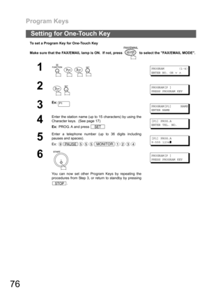 Page 76Program Keys
76
To set a Program Key for One-Touch Key
Make sure that the FAX/EMAIL lamp is ON.  If not, press   to select the FAX/EMAIL MODE.
Setting for One-Touch Key
1
    
PROGRAM (1-4)
ENTER NO. OR
∨∧
2
 
PROGRAM[P ]
PRESS PROGRAM KEY
3
Ex:
PROGRAM[P1] NAME
ENTER NAME
4
Enter the station name (up to 15 characters) by using the
Character keys.  (See page 17)
Ex: PROG. A and press 
[P1] PROG.A
ENTER TEL. NO.
5
Enter a telephone number (up to 36 digits including
pauses and spaces).
Ex:
[P1] PROG.A...