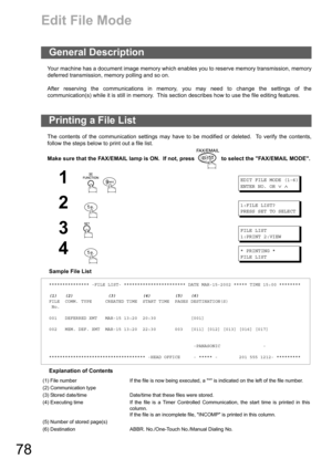 Page 7878
Edit File Mode
Your machine has a document image memory which enables you to reserve memory transmission, memory
deferred transmission, memory polling and so on.
After reserving the communications in memory, you may need to change the settings of the
communication(s) while it is still in memory.  This section describes how to use the file editing features.
The contents of the communication settings may have to be modified or deleted.  To verify the contents,
follow the steps below to print out a file...