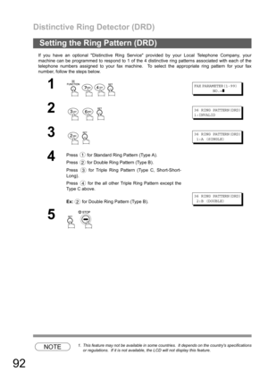 Page 92Distinctive Ring Detector (DRD)
92
If you have an optional Distinctive Ring Service provided by your Local Telephone Company, your
machine can be programmed to respond to 1 of the 4 distinctive ring patterns associated with each of the
telephone numbers assigned to your fax machine.  To select the appropriate ring pattern for your fax
number, follow the steps below.
NOTE1. This feature may not be available in some countries.  It depends on the countrys specifications
or regulations.  If it is not...