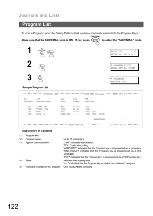 Page 122Journals and Lists
122
To print a Program List of the Dialing Patterns that you have previously entered into the Program Keys.
Make sure that the FAX/EMAIL lamp is ON.  If not, press   to select the FAX/EMAIL mode.
Sample Program List
Explanation of Contents
Program List
1
 
PRINT OUT (1-7)
ENTER NO. OR
∨∧
23:PROGRAM LIST?
PRESS SET TO PRINT
3* PRINTING *
PROGRAM LIST
*************** -PROGRAM LIST- ****************** DATE MMM-dd-yyyy ***** TIME 15:00 **********
(1) (2) (3) (4) (5)
PROGRAM PROGRAM NAME...
