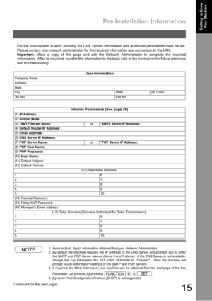 Page 15Pre Installation Information
15
Getting to Know 
Your MachineGetting to Know 
Your Machine
For the total system to work properly via LAN, certain information and additional parameters must be set.
Please contact your network administrator for the required information and connection to the LAN.
Important: Make a copy of this page and ask the Network Administrator to complete the required
information.  After its returned, transfer the information to the back side of the front cover for future reference
and...