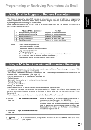 Page 2727
Installing Your 
MachineInstalling Your 
Machine
Programming or Retrieving Parameters via Email
This feature is a powerful tool, which provides a convenient and easy way of retrieving or programming
Internet Parameters, One-Touch, ABBR Dialing Numbers, Program keys and Journal retrieval from your PC
by sending a text email message to your machine.
Using your email application’s Subject: line as a command-input field, you can request your machine to
perform the following commands:
This feature provides...